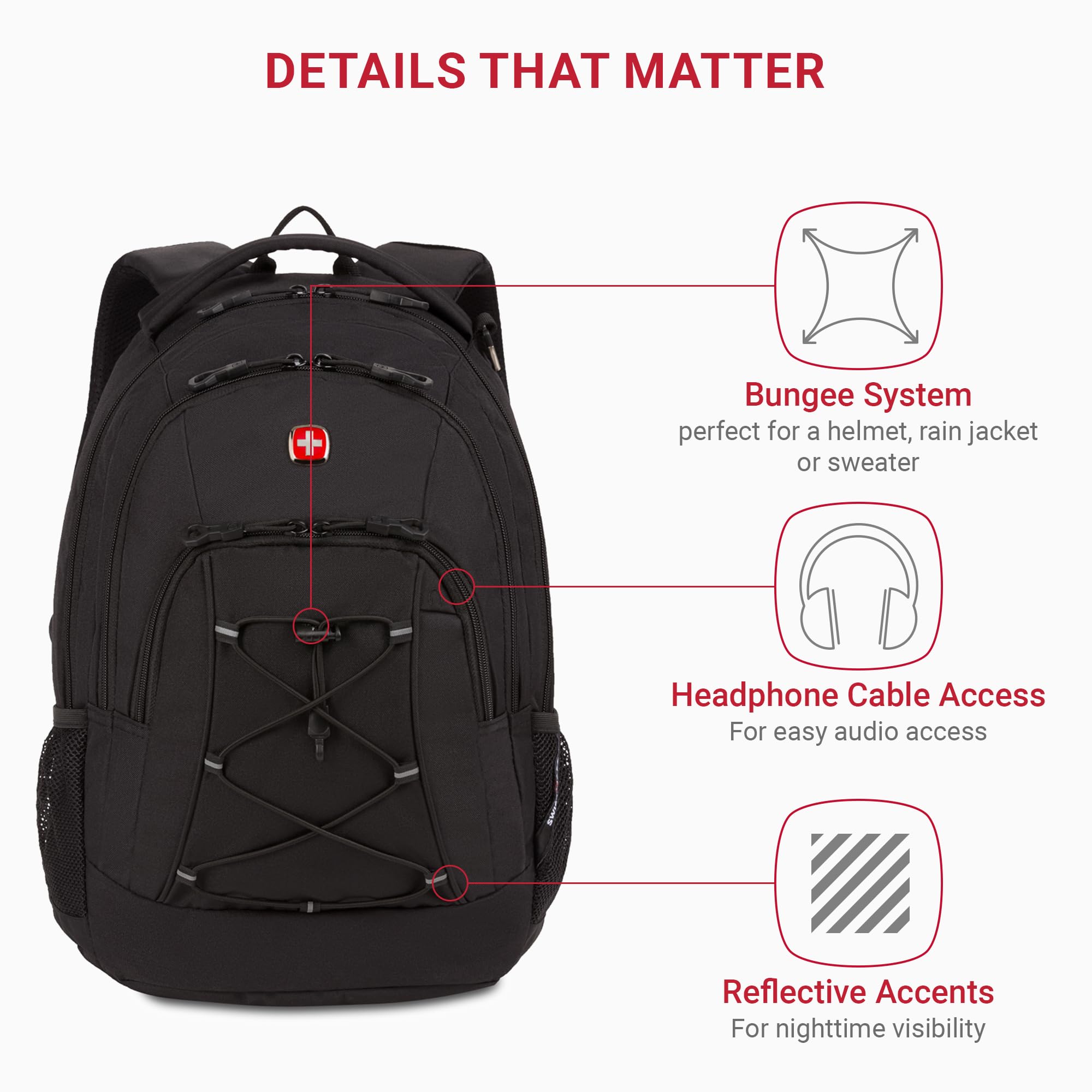 SwissGear 1186 Special Edition 13” Laptop Backpack Black – Compact Tech Bag with Reflective Accents – Multiple Organizer Pockets with Bungee Cords & D-ring Attachment Point - Image 3