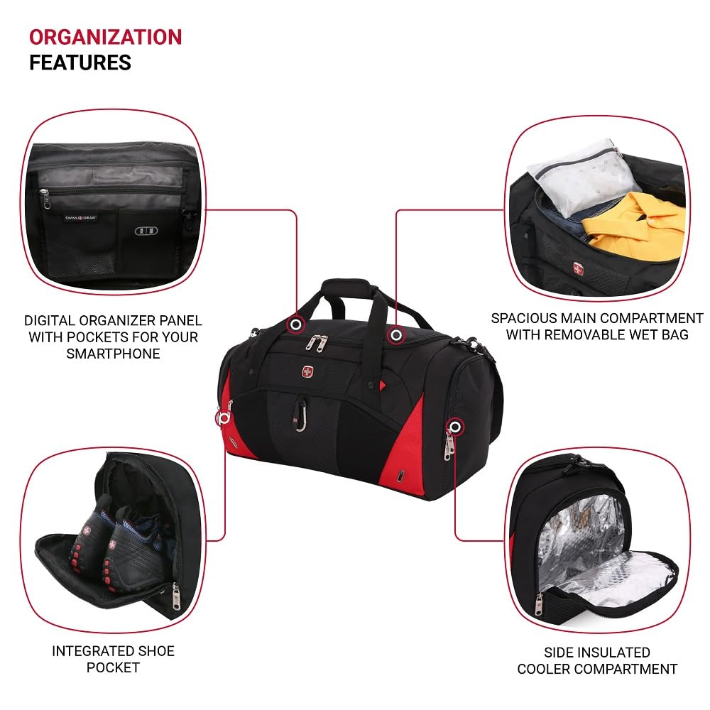 SwissGear 1900 22" Duffel Bag, Gym Bag, Travel Duffle Bags, Men's and Women's - Black/Red - Image 3