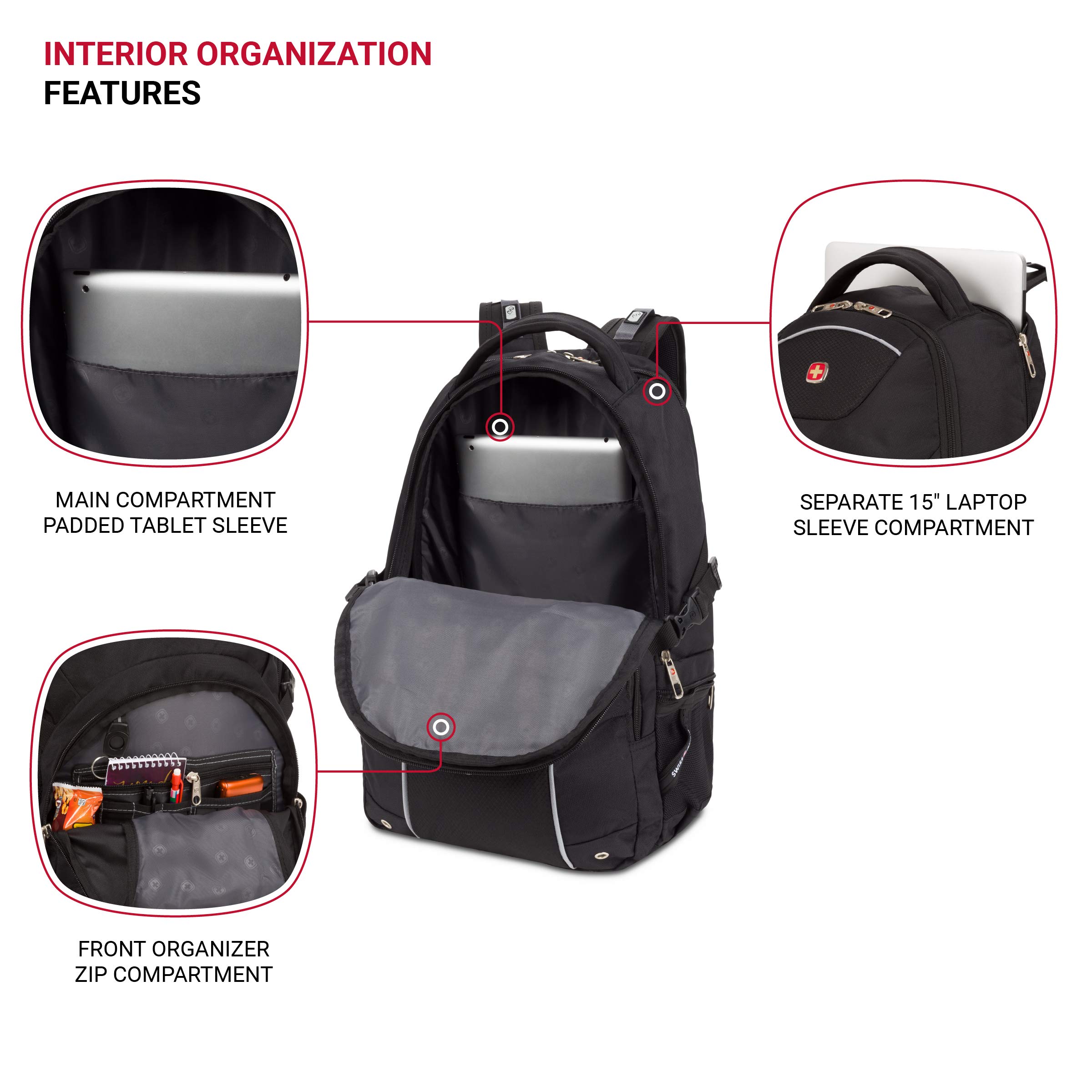 SwissGear 3258 Laptop Backpack, Fits Most 17 Inch Laptops, Secure Computer Sleeve for Travel, Work, School, Men's and Women's - Black - Image 4