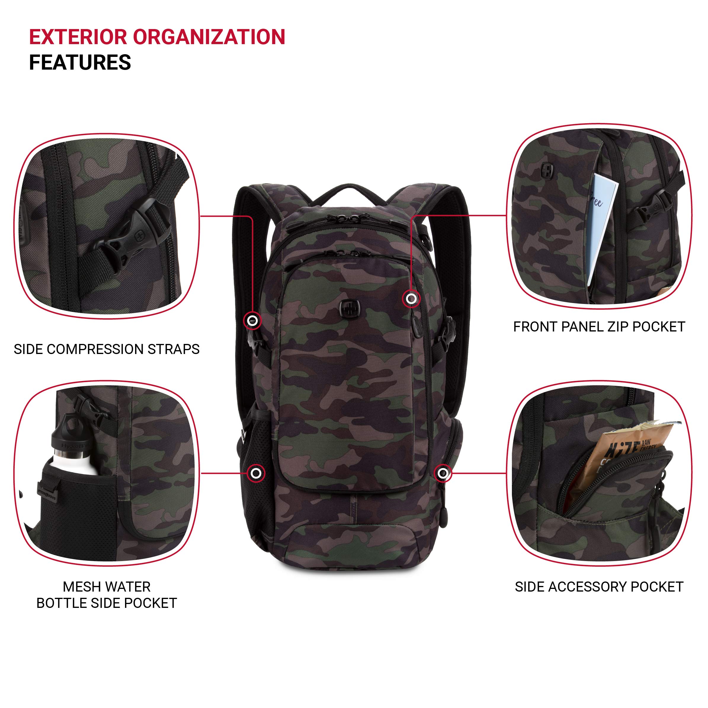 SwissGear 3598 Backpack, Narrow Daypack, Ideal for Commuting and School, Camo/Green - Image 3