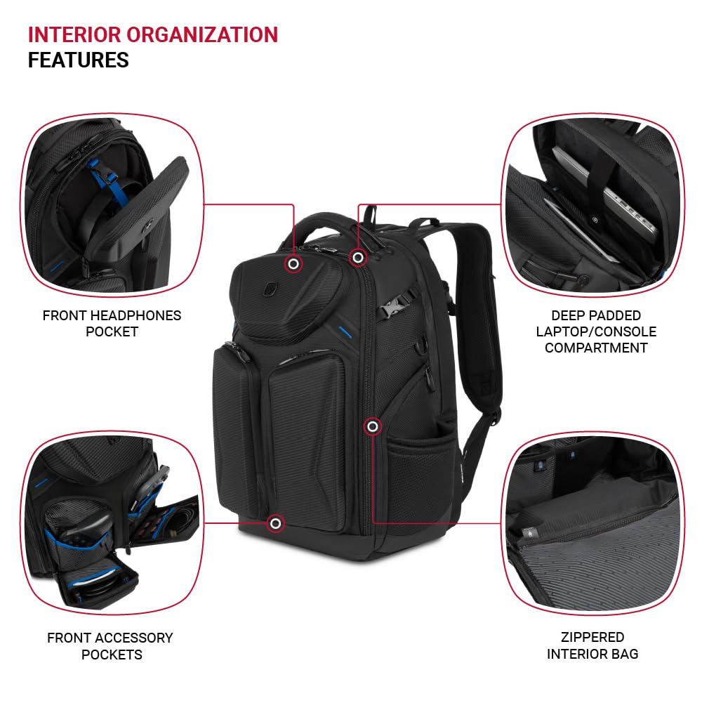 SwissGear Gamer Elite eSports Laptop Backpack, TSA Friendly Laptop Bag with USB Charger Port, Fits Gaming Headset and Keyboard, Blue/Black - Image 4