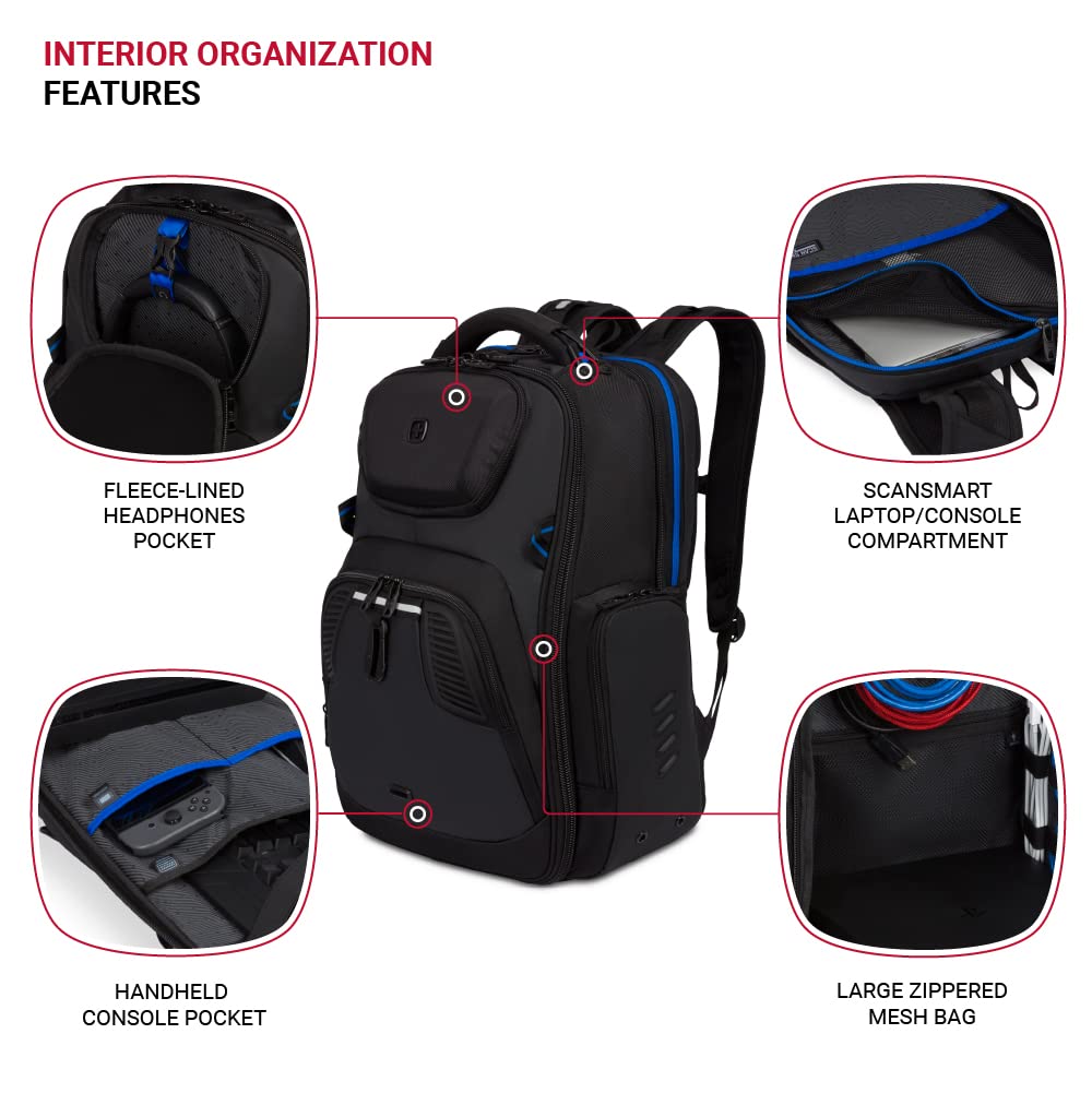SwissGear Gaming Laptop Backpack with Charger Port (USB), Blue/Black - Image 4