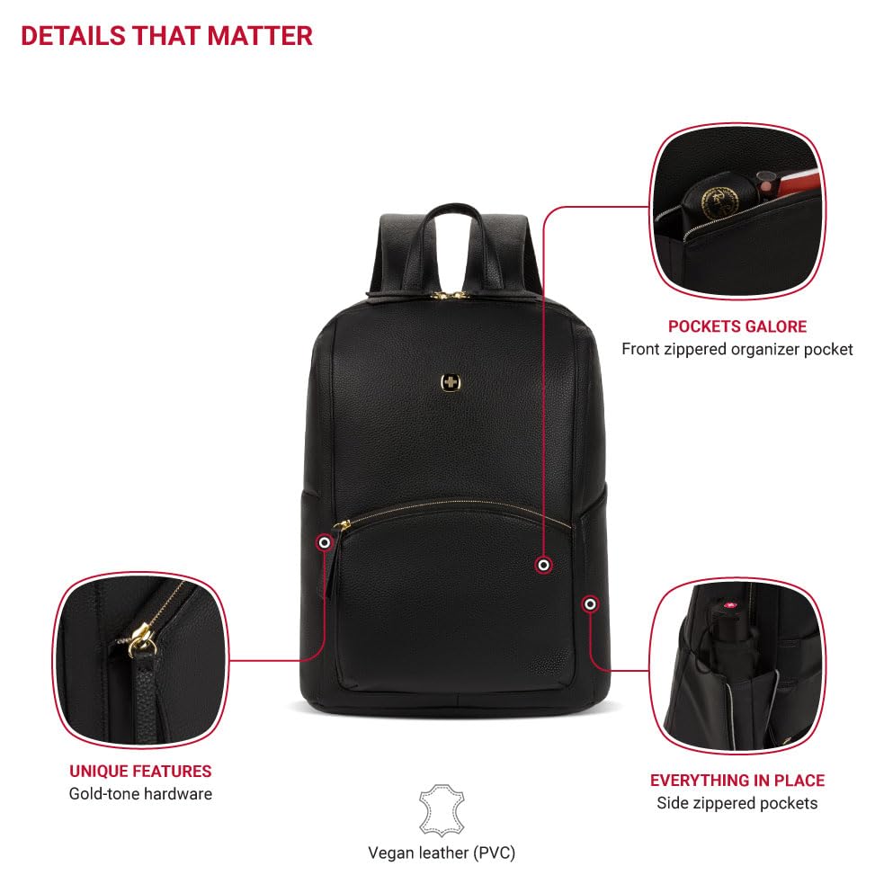 SwissGear Serenity Luxe Women's Laptop Backpack, Laptop Bag Fits Most 13-Inch Laptops, Black, 16 Inches - Image 4