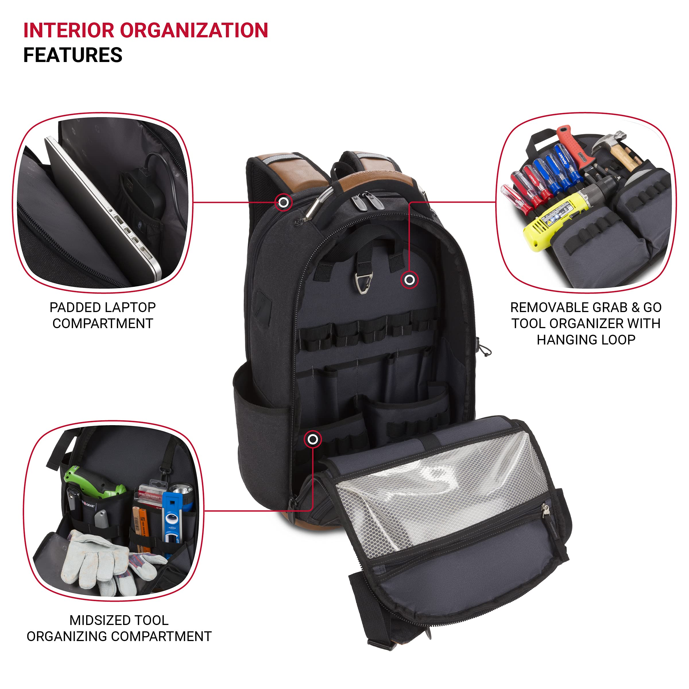 SwissGear Tool Bag Backpack, Fits Up to 17-Inch Laptop, Work Pack PRO, Black/Brown Canvas - Image 4