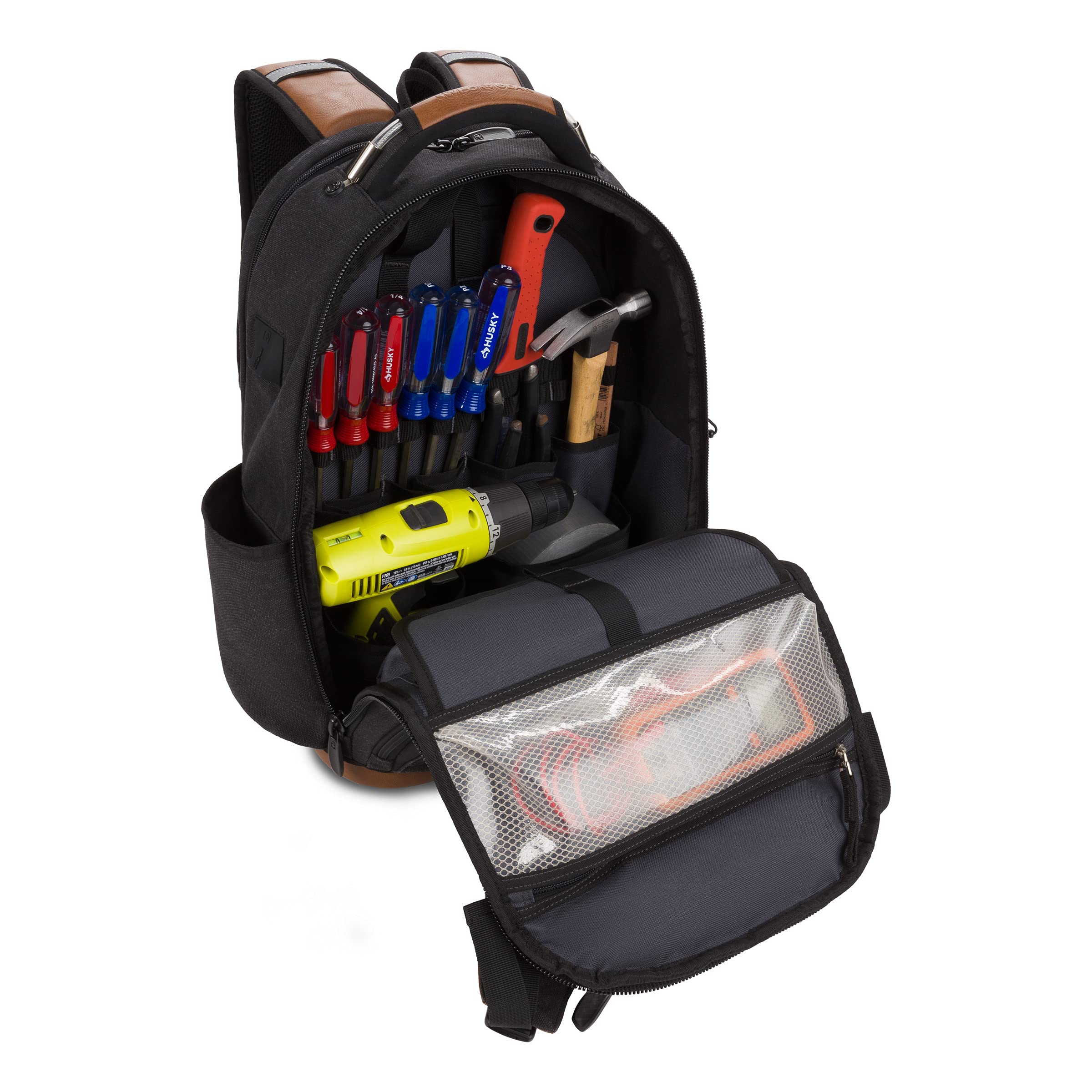 SwissGear Tool Bag Backpack, Fits Up to 17-Inch Laptop, Work Pack PRO, Black/Brown Canvas - Image 7