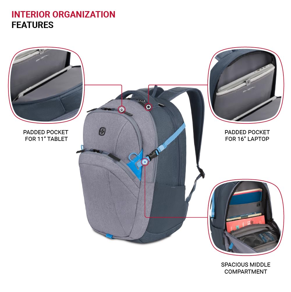SwissGear UrbanPro Laptop Backpack, Laptop Bag Fits Most 16-Inch Laptops, Commuter Friendly Trolley Sleeve, Ideal for Work, Travel or School - Light Grey/Blue Heather (18.5-Inch) - Image 4